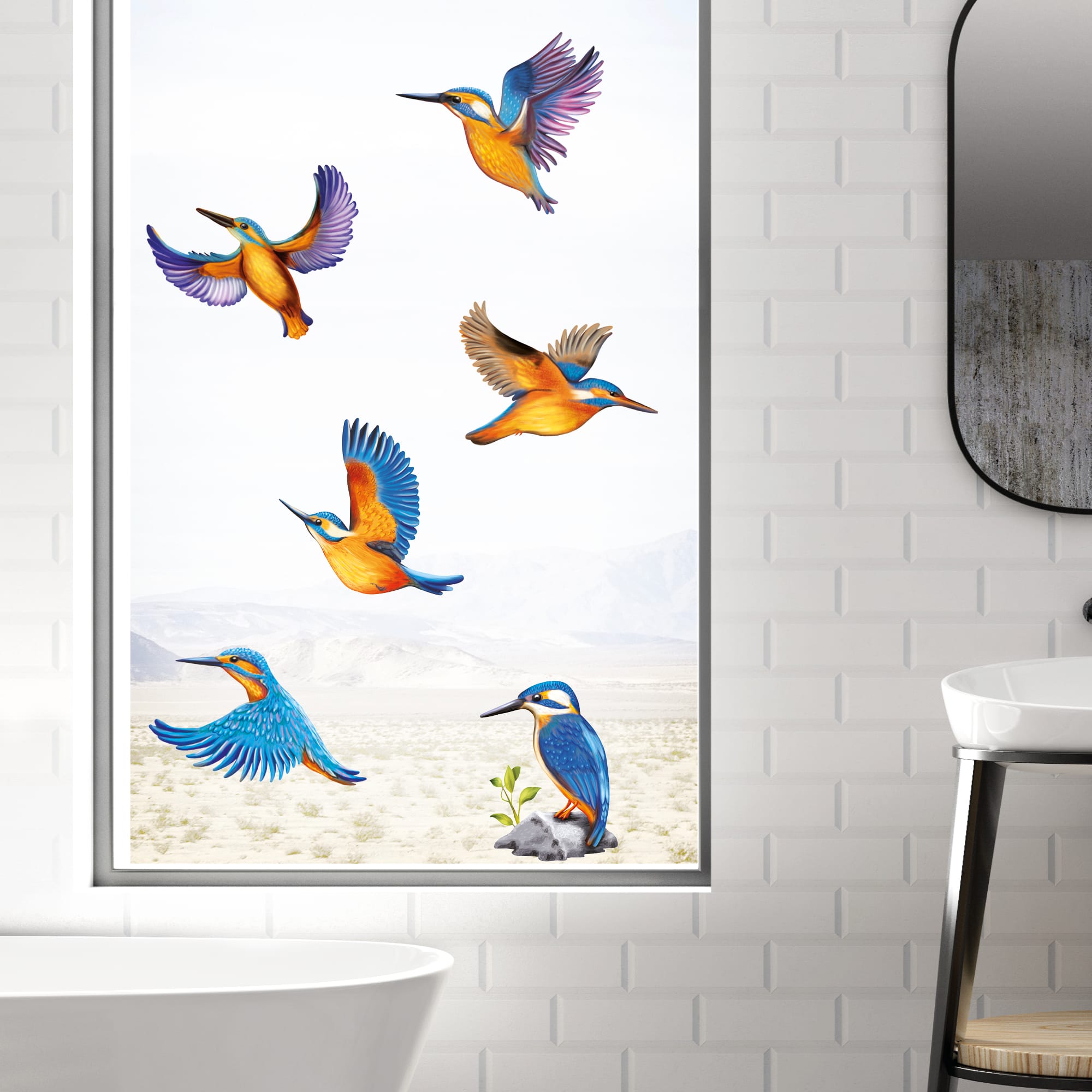 Auf dem Bild ist das Produkt: Frühling Fensterbild Vogel Eisvögel Vogelset bunt farbig wiederverwendbare Fensteraufkleber Kinderzimmer Baby Kind zum Preis von €13.90 abgebildet.
