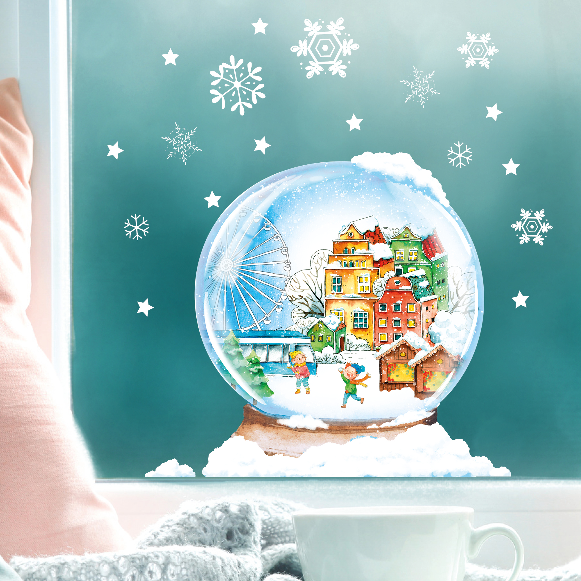 Wiederverwendbares Fensterbild Weihnachten Winter Schneekugel Rostocker Altstadt Fensterdekoration Stadtbild