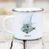 Bedruckter Emaille Campingbecher Fisch mit Haifischflosse Just do it! Geschenk Geburtstag Auf dem Bild ist das Produkt: Bedruckter Emaille Campingbecher Fisch mit Haifischflosse Just do it! Geschenk Geburtstag zum Preis von €18.9 abgebildet.