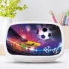 Auf dem Bild ist das Produkt: Brotdose Fußball Fußballer personalisiert mit Wunschnamen Schule Geschenk Geburtstag Einschulungsgeschenk zum Preis von €19.9 abgebildet.