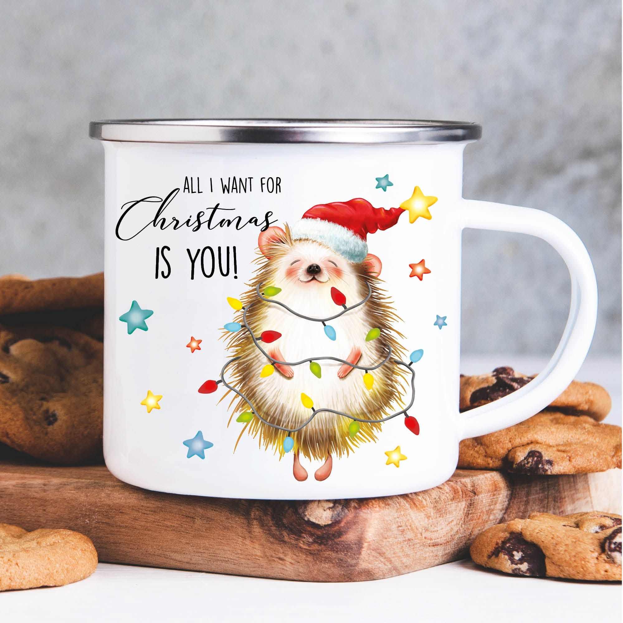 Campingbecher Becher All I want for Christmas mit Igel und Lichterkette Weihnachtsgeschenk Nikolausgeschenk