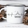 Auf dem Bild ist das Produkt: Campingbecher Emaille Becher Herzschlag Herzfrequenz für Camper mit Zelt, personalisiert Wunschname zum Preis von €18.9 abgebildet.