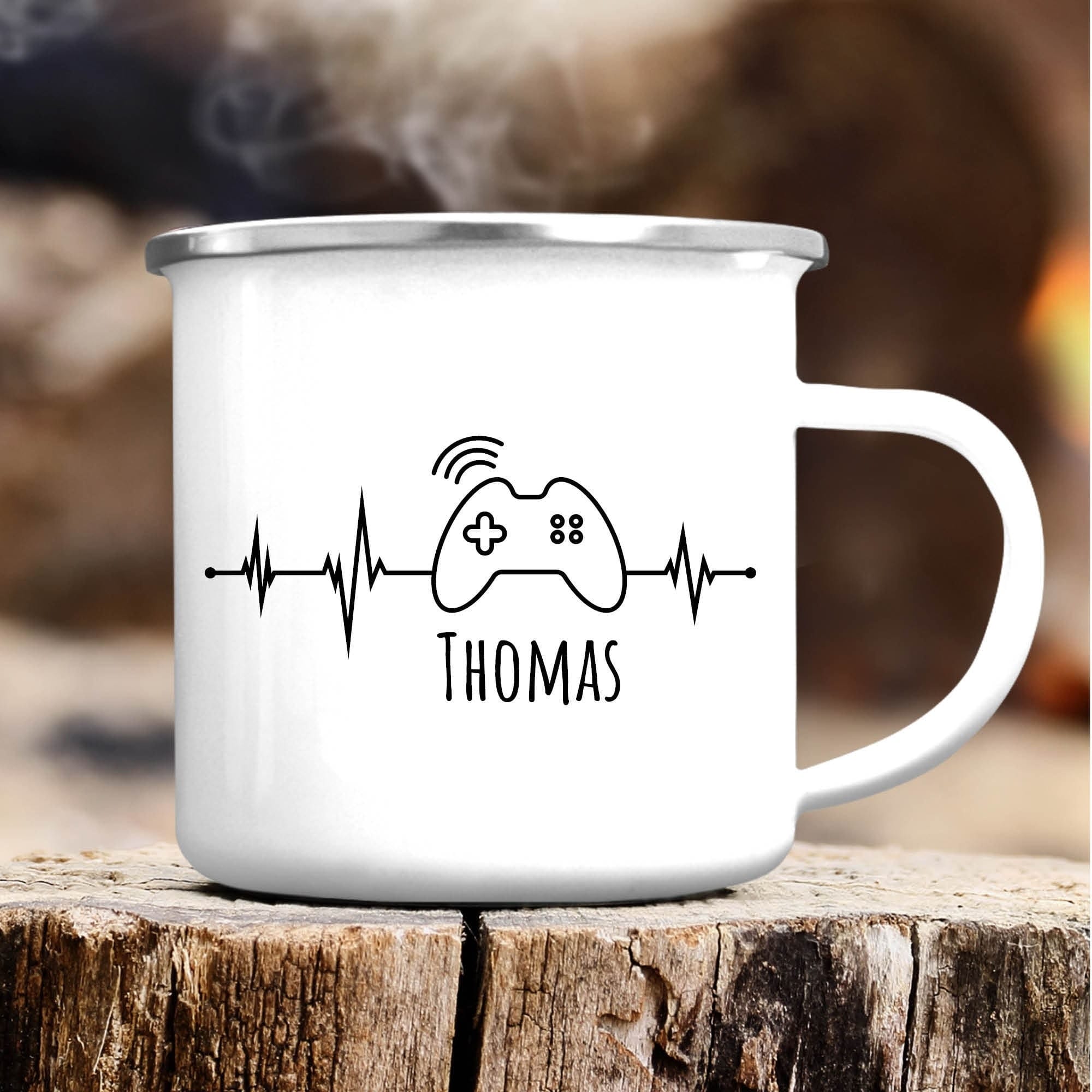 Campingbecher Emaille Becher Herzschlag Herzfrequenz für Gamer personalisiert Wunschname