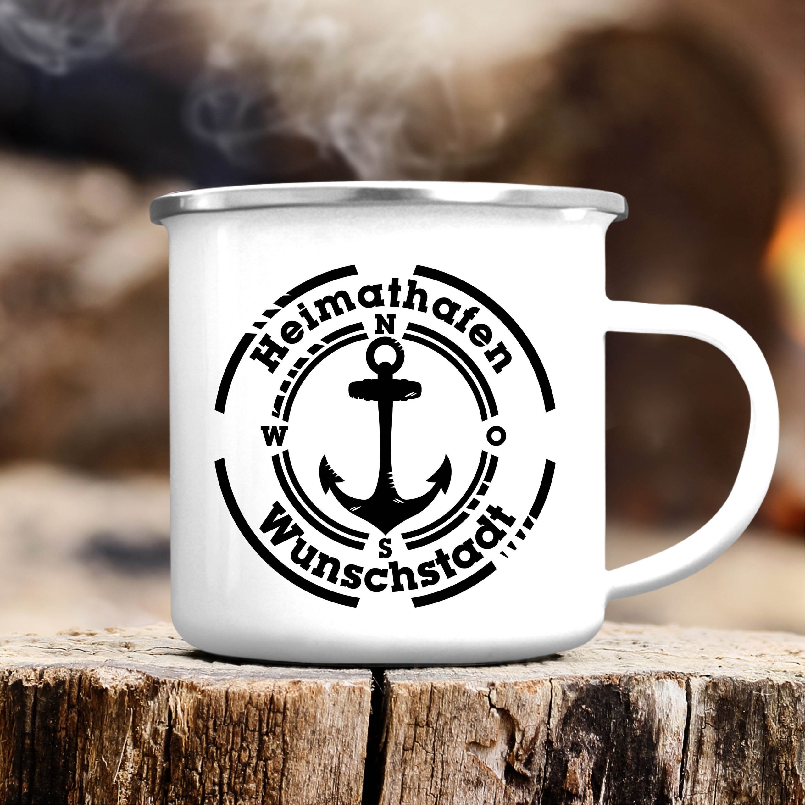Campingbecher Emaille "Heimathafen" mit Anker und Wunschstadt, Geschenk Geburtstag