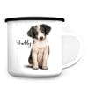 Auf dem Bild ist das Produkt: Campingbecher Emaille Hund Australian Shepherd mit Wunschname Emaille Tasse personalisiertes Geschenk zum Preis von €18.9 abgebildet.
