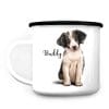 Auf dem Bild ist das Produkt: Campingbecher Emaille Hund Australian Shepherd mit Wunschname Emaille Tasse personalisiertes Geschenk zum Preis von €18.9 abgebildet.