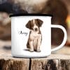 Auf dem Bild ist das Produkt: Campingbecher Emaille Hund Australian Shepherd mit Wunschname Emaille Tasse personalisiertes Geschenk zum Preis von €18.9 abgebildet.
