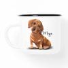 Auf dem Bild ist das Produkt: Campingbecher Emaille Hund Dackel mit Wunschname Emaille Tasse, personalisiertes Geschenk zum Preis von €18.9 abgebildet.