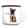 Auf dem Bild ist das Produkt: Campingbecher Emaille Hund Deutscher Schäferhund mit Wunschname Emaille Tasse personalisiertes Geschenk zum Preis von €18.9 abgebildet.