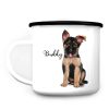 Auf dem Bild ist das Produkt: Campingbecher Emaille Hund Deutscher Schäferhund mit Wunschname Emaille Tasse personalisiertes Geschenk zum Preis von €18.9 abgebildet.