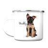 Auf dem Bild ist das Produkt: Campingbecher Emaille Hund Deutscher Schäferhund mit Wunschname Emaille Tasse personalisiertes Geschenk zum Preis von €18.9 abgebildet.