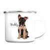 Auf dem Bild ist das Produkt: Campingbecher Emaille Hund Deutscher Schäferhund mit Wunschname Emaille Tasse personalisiertes Geschenk zum Preis von €18.9 abgebildet.