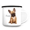 Auf dem Bild ist das Produkt: Campingbecher Emaille Hund Französische Bulldogge Wunschname Emaille Tasse personalisiertes Geschenk zum Preis von €18.9 abgebildet.