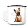 Auf dem Bild ist das Produkt: Campingbecher Emaille Hund Französische Bulldogge Wunschname Emaille Tasse personalisiertes Geschenk zum Preis von €18.9 abgebildet.