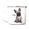 Auf dem Bild ist das Produkt: Campingbecher Emaille Hund Französische Bulldogge Wunschname Emaille Tasse personalisiertes Geschenk zum Preis von €18.9 abgebildet.