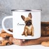 Auf dem Bild ist das Produkt: Campingbecher Emaille Hund Französische Bulldogge Wunschname Emaille Tasse personalisiertes Geschenk zum Preis von €18.9 abgebildet.