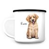 Auf dem Bild ist das Produkt: Campingbecher Emaille Hund Golden Retriever mit Wunschname Tasse zum Preis von €18.9 abgebildet.