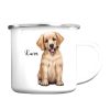 Auf dem Bild ist das Produkt: Campingbecher Emaille Hund Golden Retriever mit Wunschname Tasse zum Preis von €18.9 abgebildet.