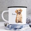 Auf dem Bild ist das Produkt: Campingbecher Emaille Hund Golden Retriever mit Wunschname Tasse zum Preis von €18.9 abgebildet.