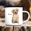 Auf dem Bild ist das Produkt: Campingbecher Emaille Hund Golden Retriever mit Wunschname Tasse zum Preis von €18.9 abgebildet.