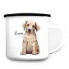 Auf dem Bild ist das Produkt: Campingbecher Emaille Hund Labrador mit Wunschname Emaille Tasse personalisiertes Geschenk zum Preis von €0 abgebildet.
