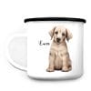 Auf dem Bild ist das Produkt: Campingbecher Emaille Hund Labrador mit Wunschname Emaille Tasse personalisiertes Geschenk zum Preis von €0 abgebildet.