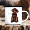 Auf dem Bild ist das Produkt: Campingbecher Emaille Hund Labrador mit Wunschname Emaille Tasse personalisiertes Geschenk zum Preis von €0 abgebildet.