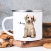Auf dem Bild ist das Produkt: Campingbecher Emaille Hund Labrador mit Wunschname Emaille Tasse personalisiertes Geschenk zum Preis von €0 abgebildet.