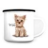 Auf dem Bild ist das Produkt: Campingbecher Emaille Hund Yorkshire Terrier mit Wunschname Emaille Tasse personalisiertes Geschenk zum Preis von €18.9 abgebildet.
