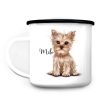 Auf dem Bild ist das Produkt: Campingbecher Emaille Hund Yorkshire Terrier mit Wunschname Emaille Tasse personalisiertes Geschenk zum Preis von €18.9 abgebildet.