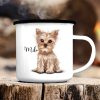 Auf dem Bild ist das Produkt: Campingbecher Emaille Hund Yorkshire Terrier mit Wunschname Emaille Tasse personalisiertes Geschenk zum Preis von €18.9 abgebildet.