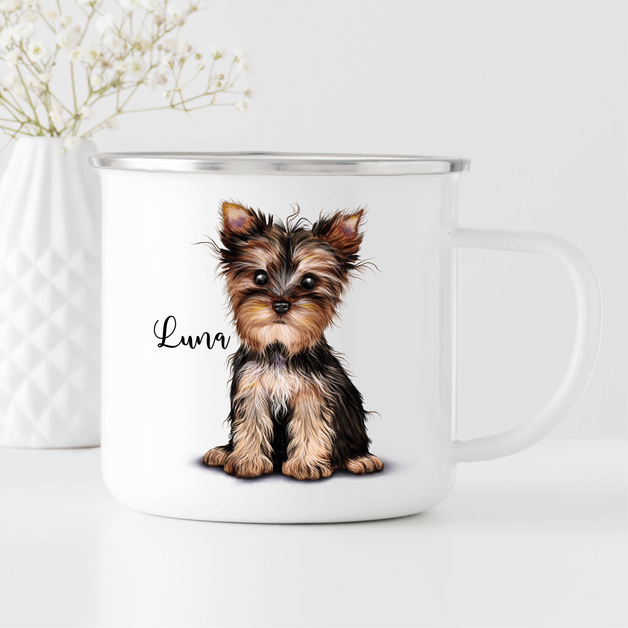 Campingbecher Emaille Hund Yorkshire Terrier mit Wunschname Emaille Tasse personalisiertes Geschenk