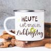 Auf dem Bild ist das Produkt: Campingbecher Emaille Kindertasse Tasse Frosch Heute ist mein Lieblingstag zum Preis von €17.90 abgebildet.