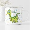 Campingbecher Emaille süßer Dino personalisiert mit Wunschnamen, Geschenk zum Geburtstag Auf dem Bild ist das Produkt: Campingbecher Emaille süßer Dino personalisiert mit Wunschnamen, Geschenk zum Geburtstag zum Preis von €18.90 abgebildet.