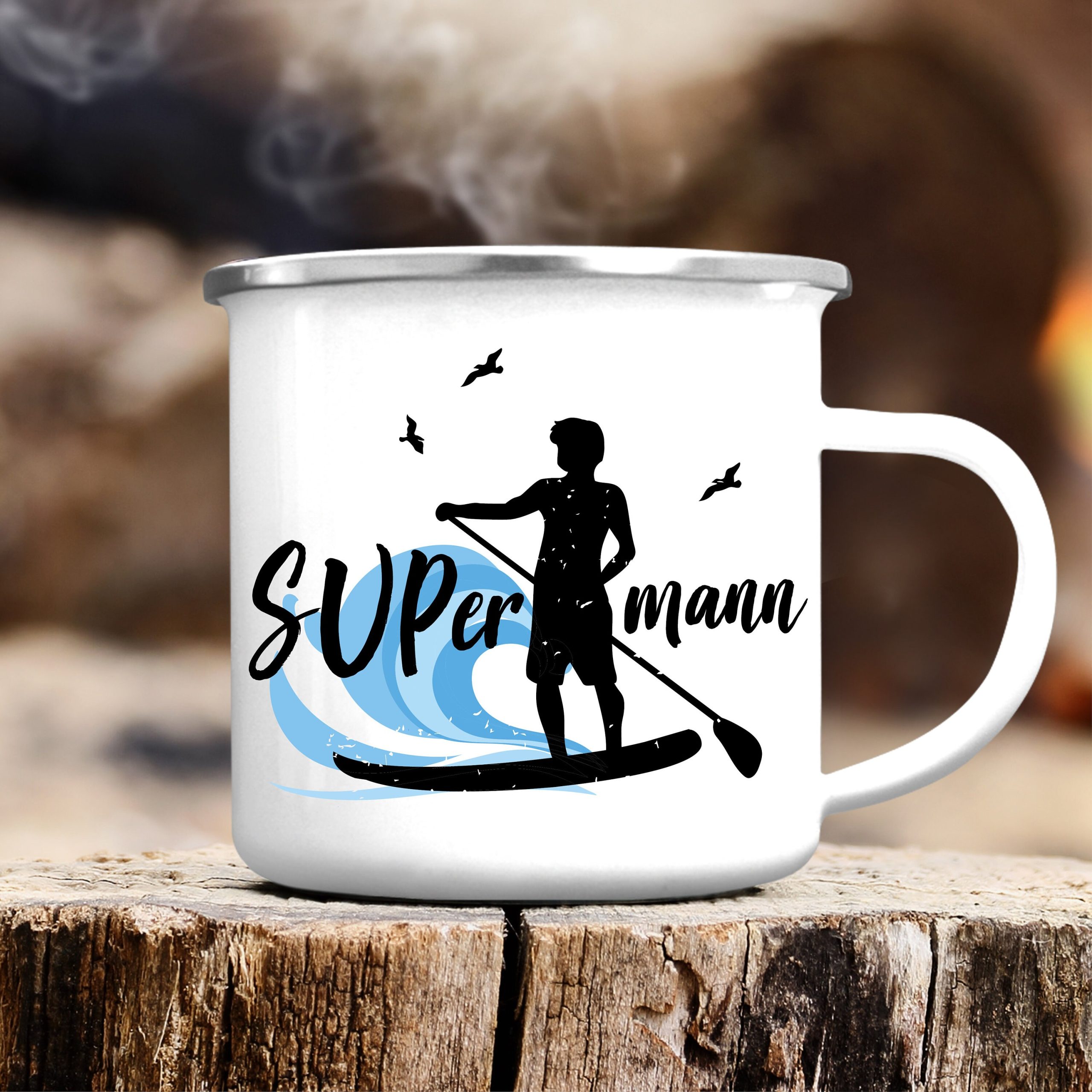 Campingbecher Emaille "SUPermann" SUP Welle, Standuppaddeln