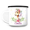 Auf dem Bild ist das Produkt: Campingbecher Emaille Tasse Pferd personalisiert Wunschname Geschenk 300 ml weiß zum Preis von €18.9 abgebildet.