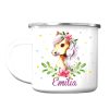 Auf dem Bild ist das Produkt: Campingbecher Emaille Tasse Pferd personalisiert Wunschname Geschenk 300 ml weiß zum Preis von €18.9 abgebildet.