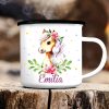 Auf dem Bild ist das Produkt: Campingbecher Emaille Tasse Pferd personalisiert Wunschname Geschenk 300 ml weiß zum Preis von €18.9 abgebildet.