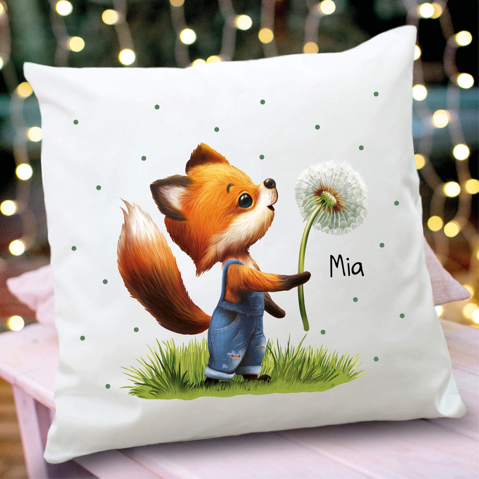 Deko Kissen Fuchs Pusteblume personalisiert mit Wunschnamen Polyester Geschenk Geburtstag