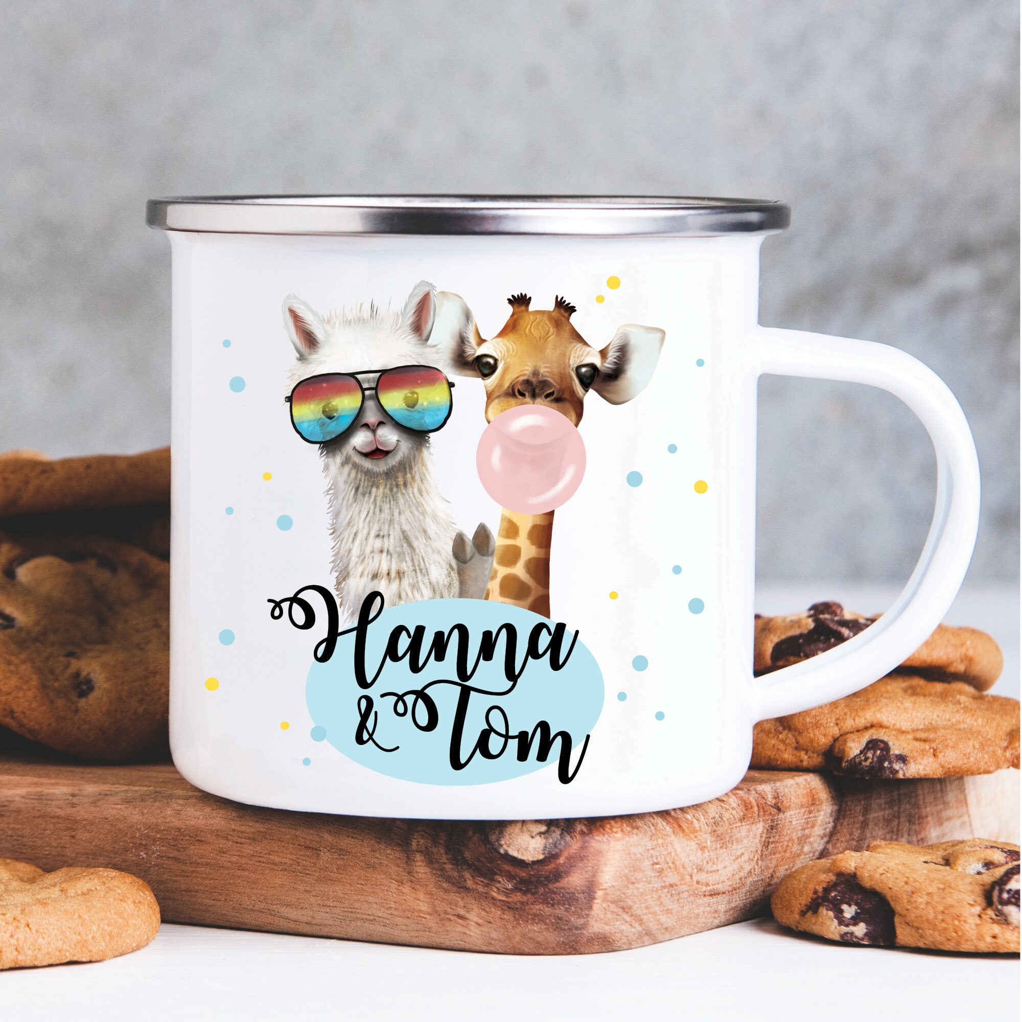 Emaille Campingbecher Lama und Giraffe personalisiert mit Wunschname Outdoorgeschirr Geschenk Geburtstag