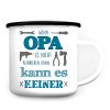 Auf dem Bild ist das Produkt: Emaille Campingbecher Spruch Wenn Papa oder Opa es nicht reparieren kann Outdoorgeschirr zum Preis von €18.9 abgebildet.