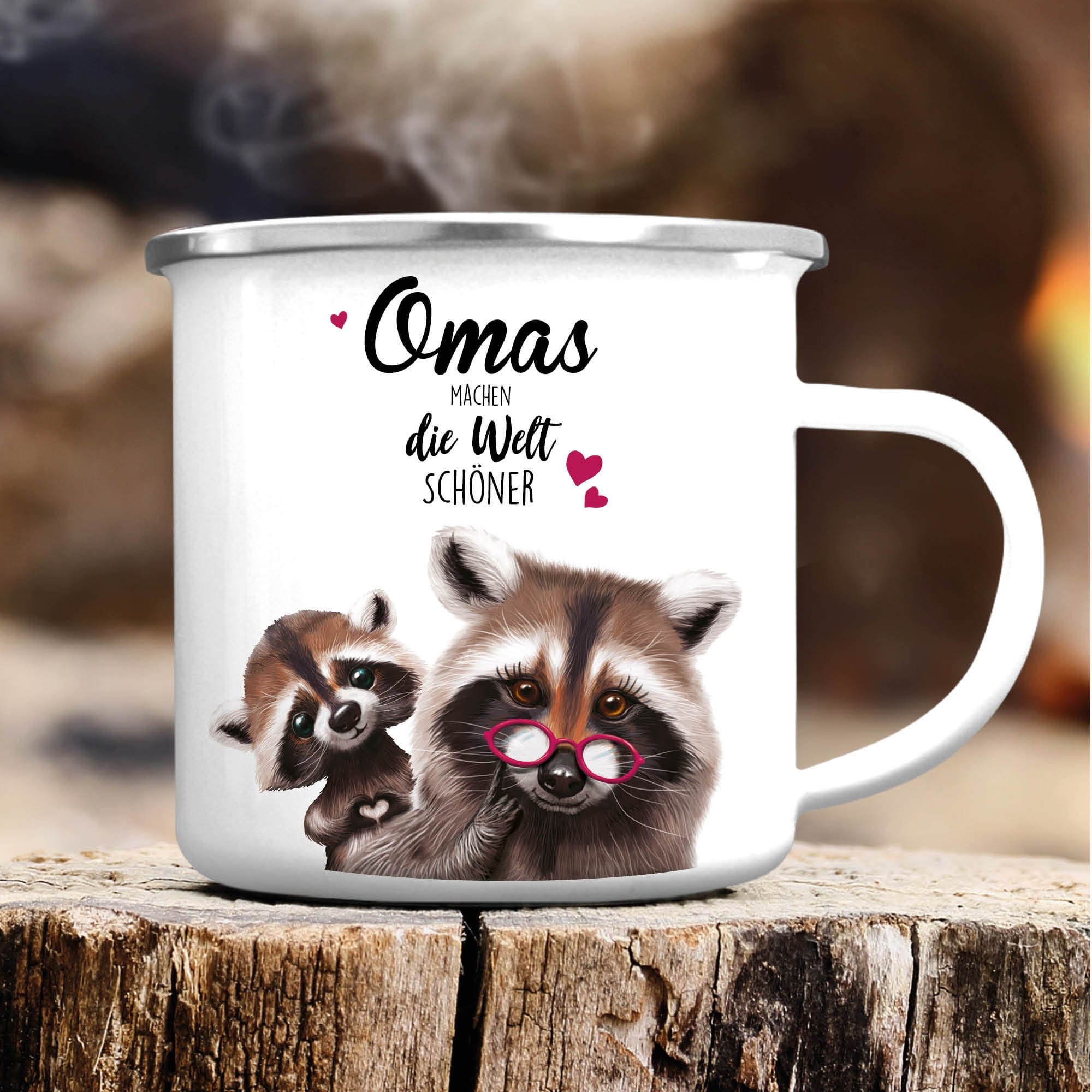 Emaille Campingbecher Waschbär Omas machen die Welt besser Kaffeetasse Geschenk Muttertag Großmutter, Weihnachtsgeschenk