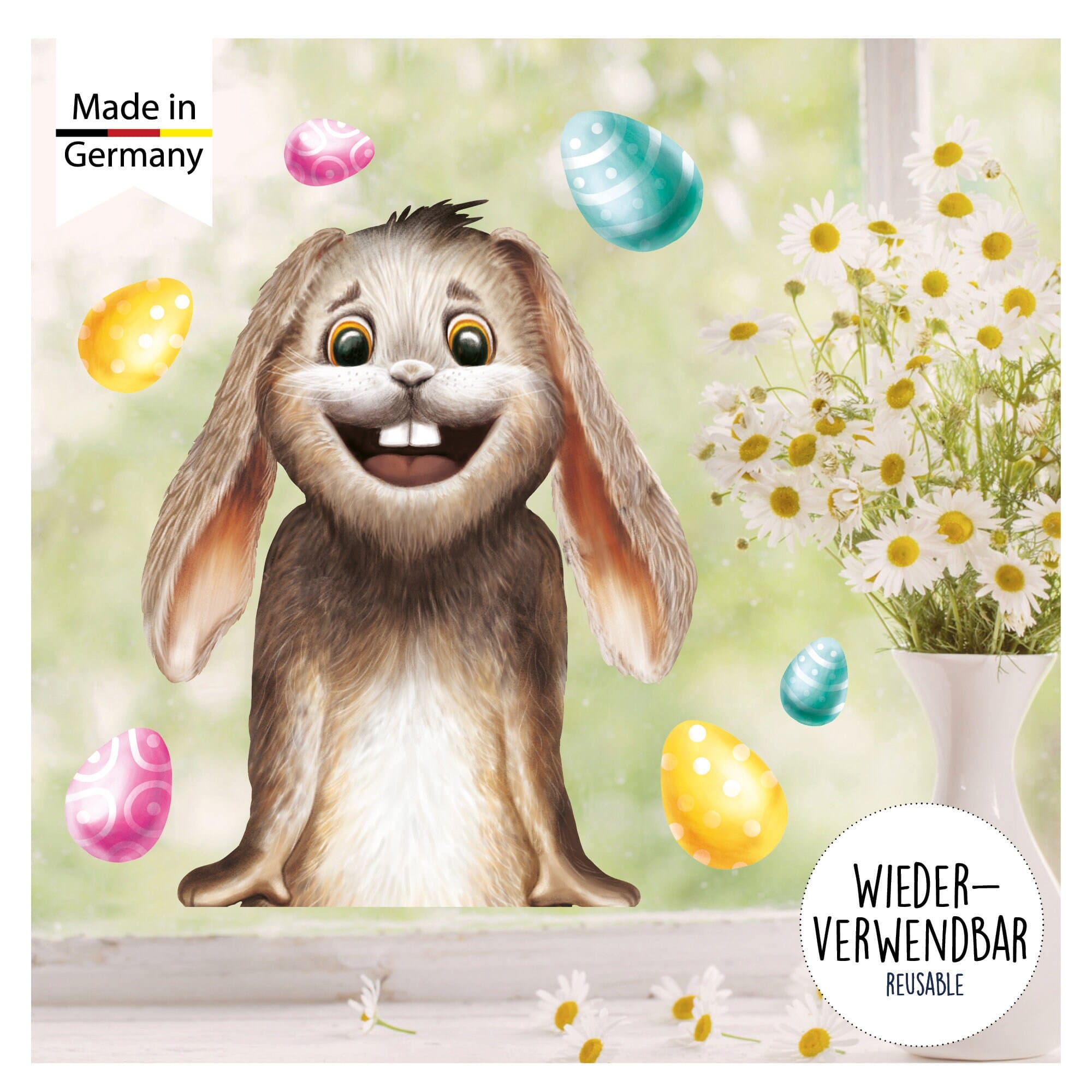 Fensterbild Frühling Ostern Hase bunte Ostereier Wiederverwendbare Fensterdeko Kinderzimmer Kind Frühlingsdeko Osterdeko