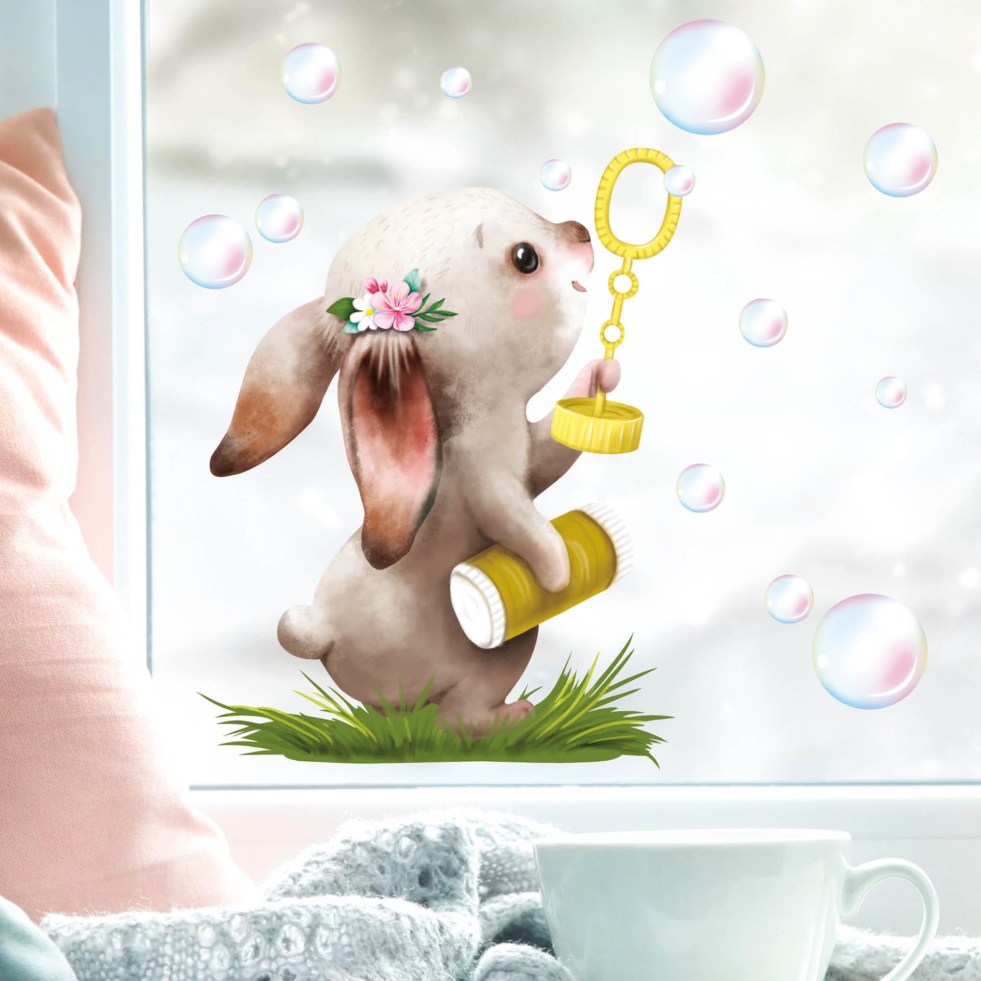 Fensterbild Hase Seifenblasen Ostern Fensterdeko Kinder Frühlingsdeko Frühling Osterdeko wiederverwendbar