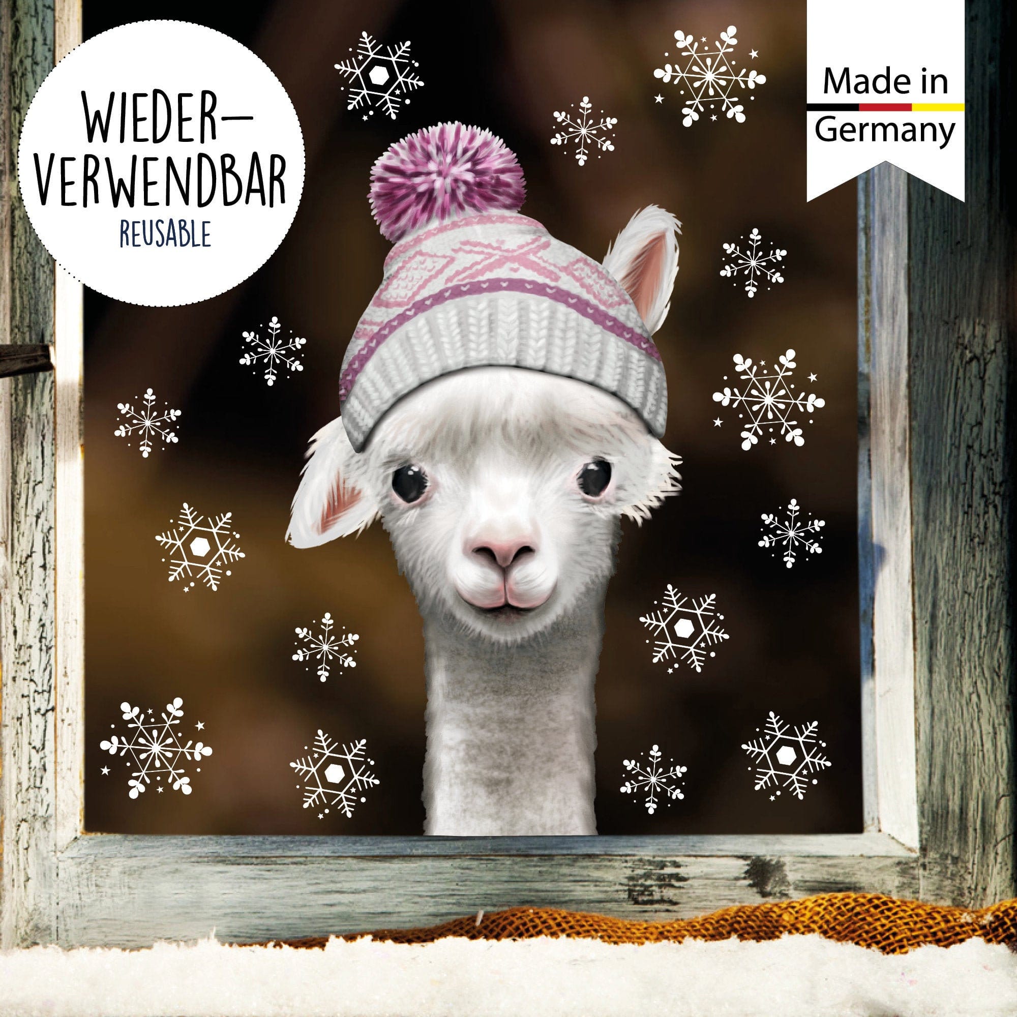 Fensterbild Lama mit rosa Mütze Schneeflocken Winter winterlicher Fensteraufkleber Fensterdeko Weihnachten, Adventdeko