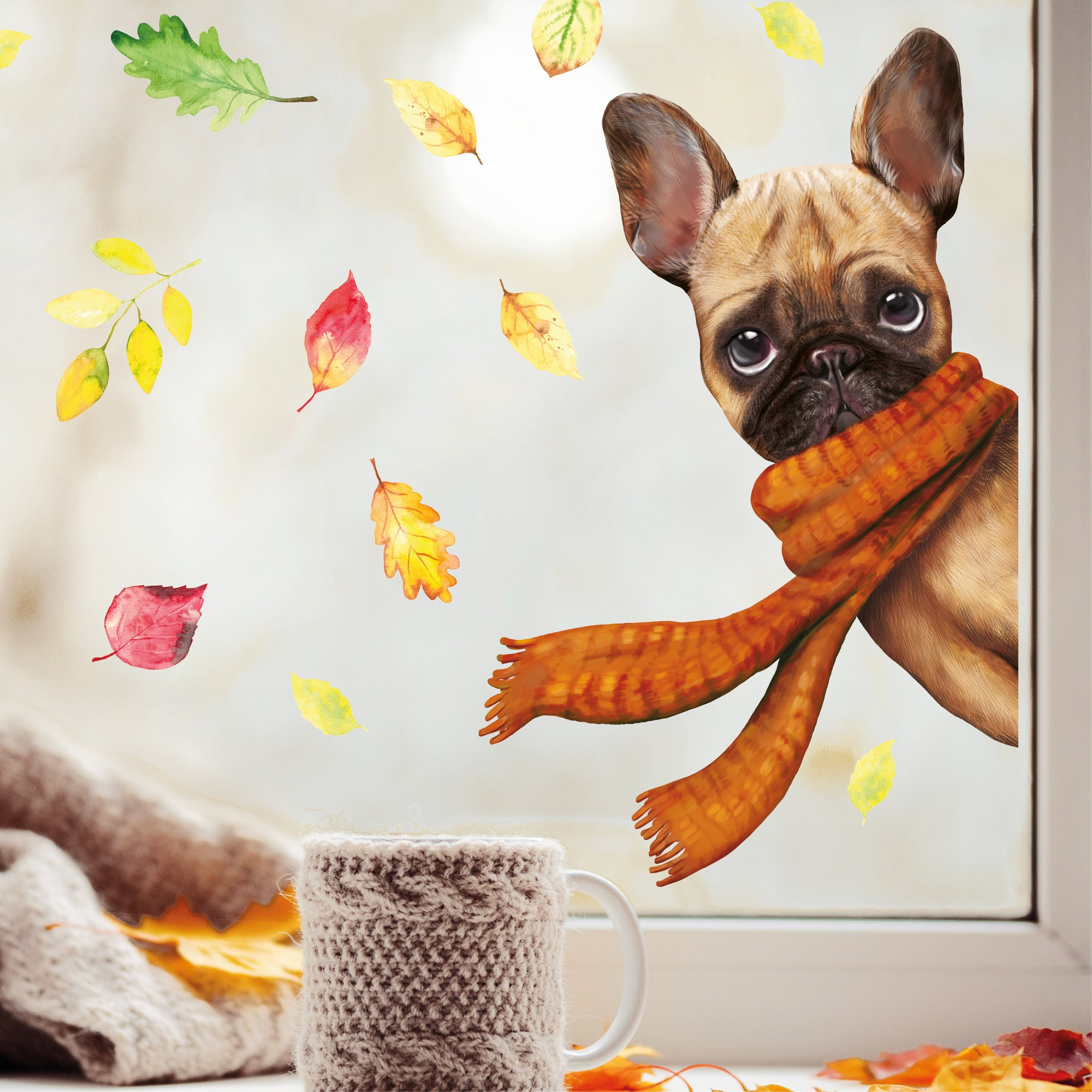 Fensterbild Bulldogge reinschauender Hund mit Schal bunte Blätter Herbst herbstlicher Fensteraufkleber Fensterdeko
