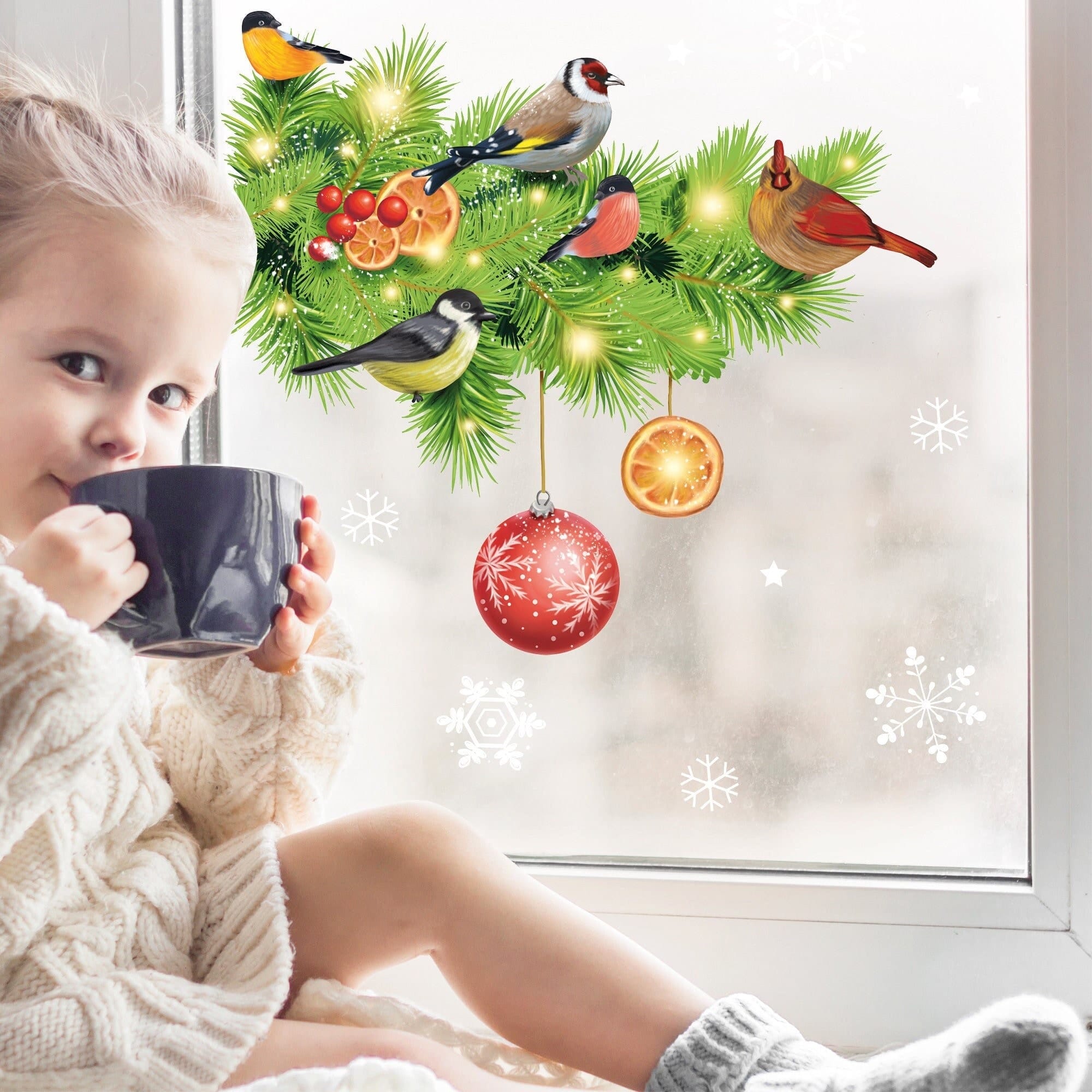 Fensterbild Weihnachten Winter Weihnachtszweig Tannen Vögel Kugeln Kinderzimmer Fensterdeko wiederverwendbar