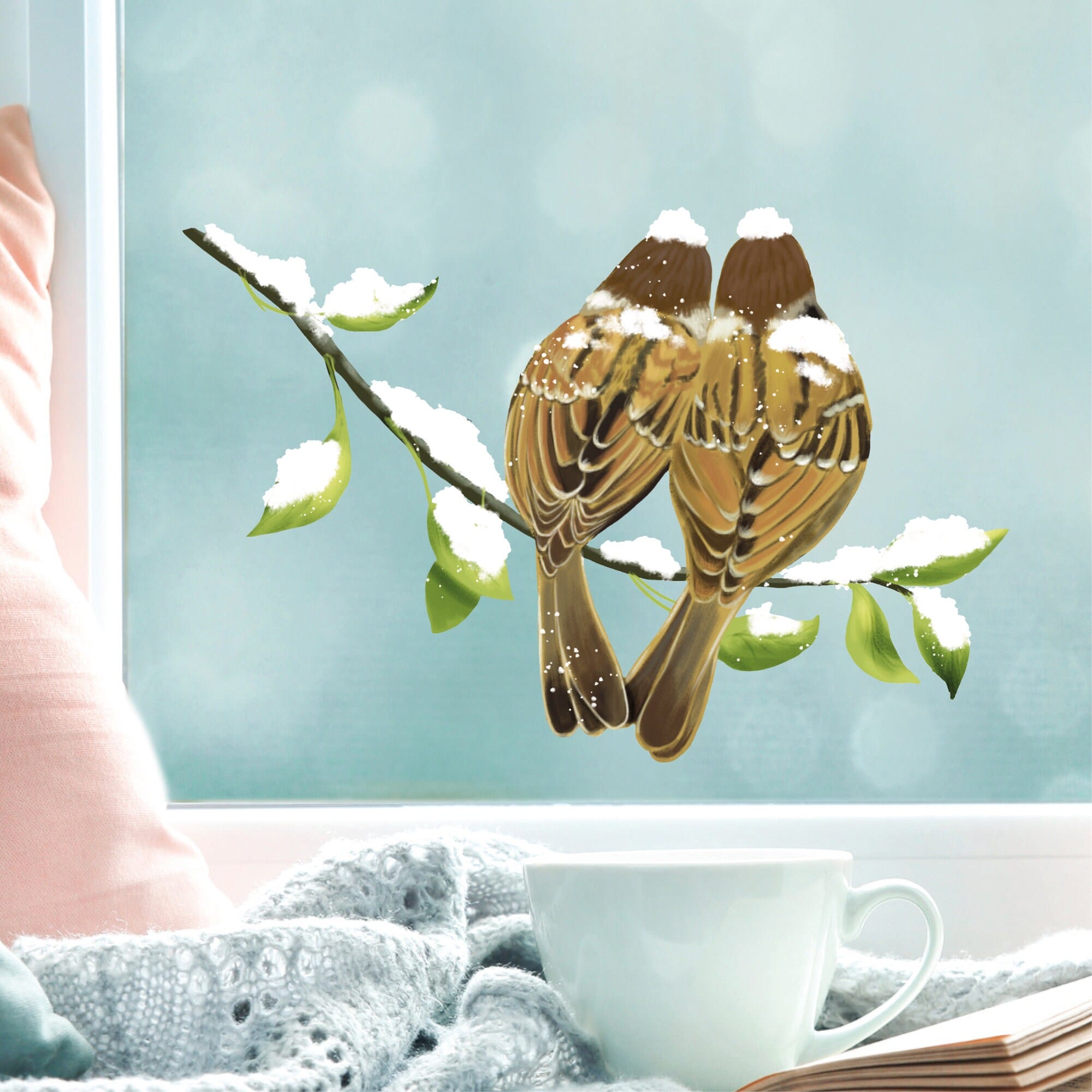 Fensterbild Winter Vogel Vögel Spatzen bunt farbig wiederverwendbare Fensteraufkleber Kinderzimmer Baby Kind