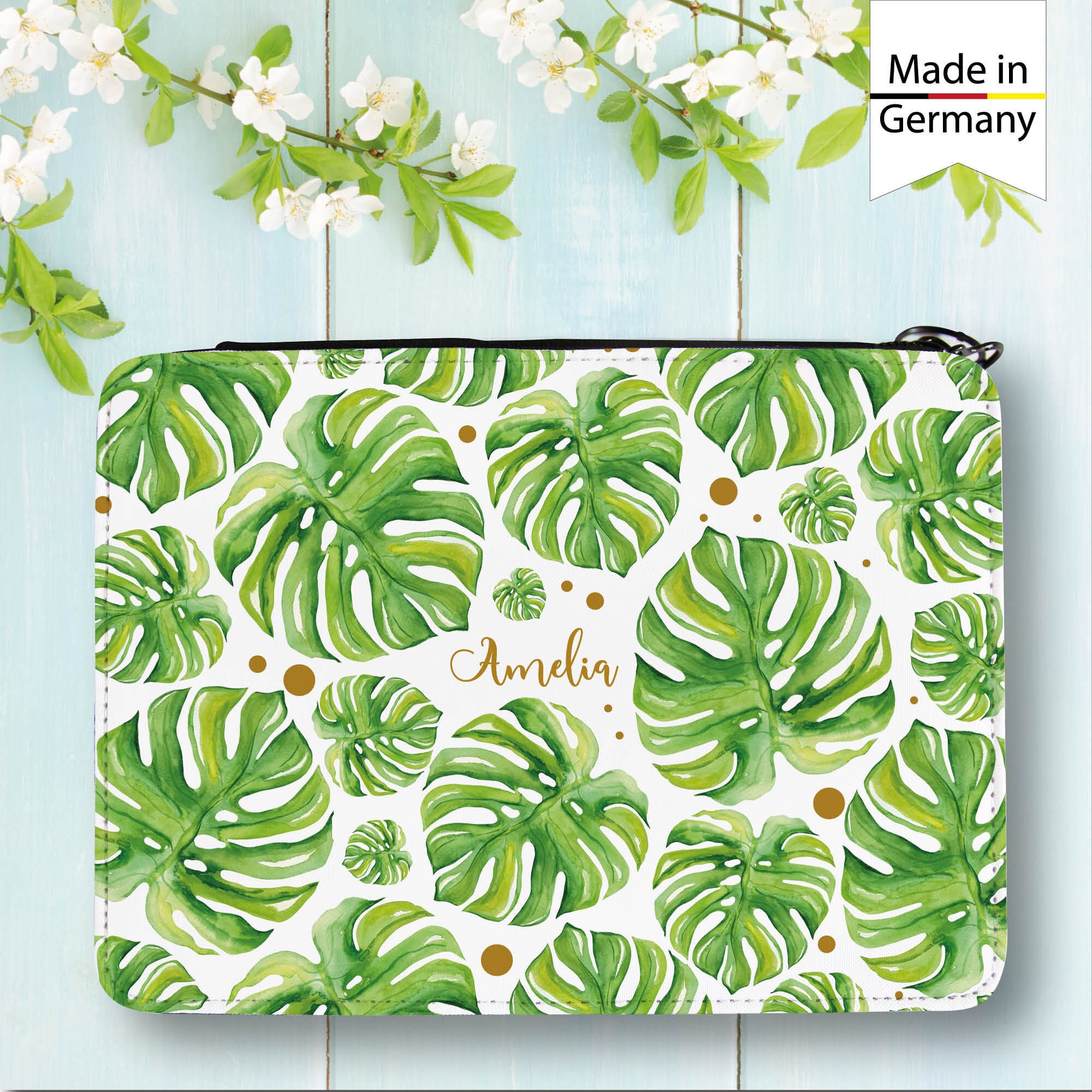 Gefüllte Federtasche Federmappe mit floralem Motiv Monstera personalisiert mit Wunschnamen, Geburtstagsgeschenk, Einschulungsgeschenk