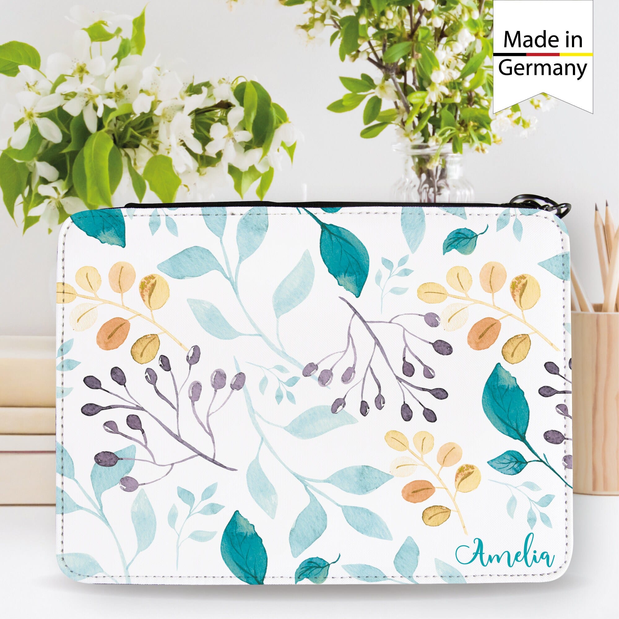 Gefüllte Federtasche Federmappe mit floralem Motiv personalisiert mit Wunschnamen, Geschenk Geburtstag, Einschulungsgeschenk